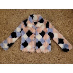 Forever 21 Faux Fur Jacket Pink Light Blue Dark Blue White Patch Plush Size SM